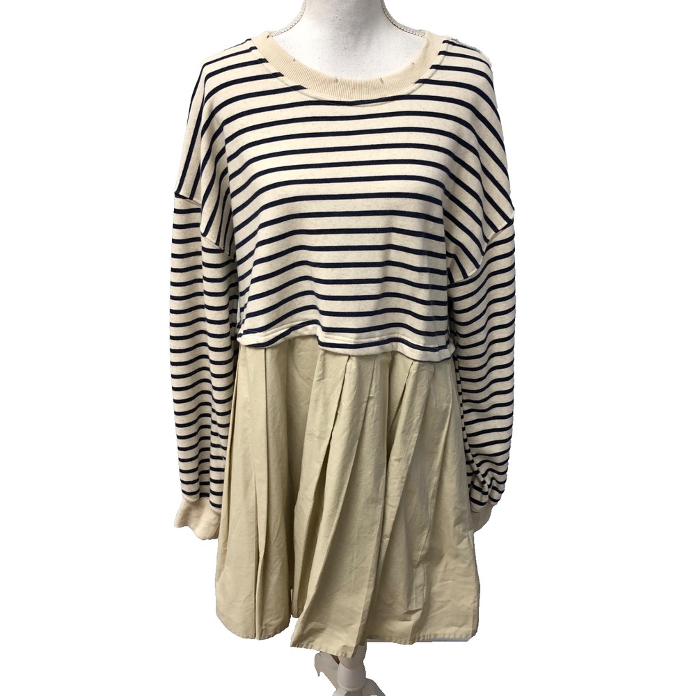 By Together Pleated Fit And Flare Sweatshirt Dress Womens Large Blue Cream Boho